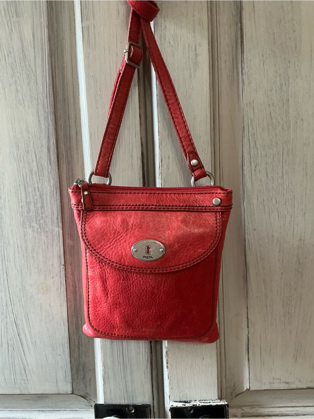 Fossil Coral-Red Leather Crossbody Bag